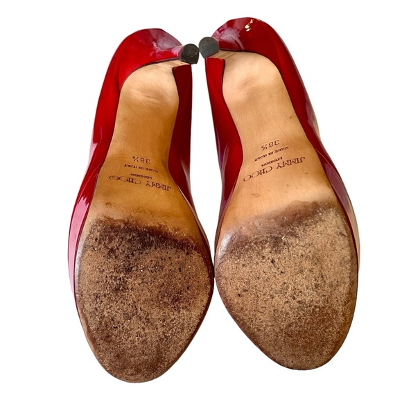 Jimmy Choo London Red Patent Leather Peep Toe Pumps 5” Spike Heels Size 38.5 EU - Picture 11 of 11